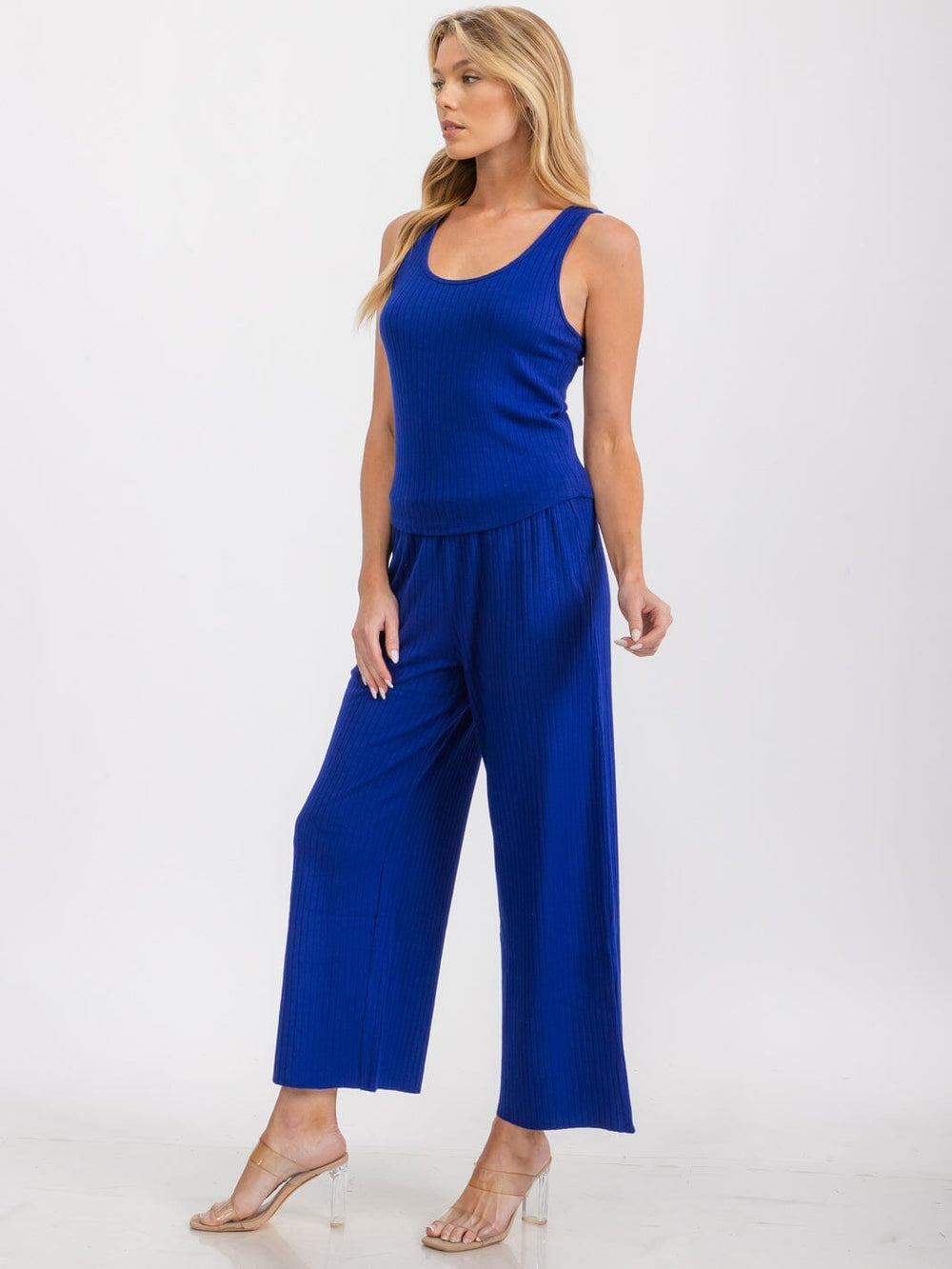 WOMEN'S SLEEVELESS TANK TOP & ELASTIC WAIST PANTS RIBBED 2PC SET