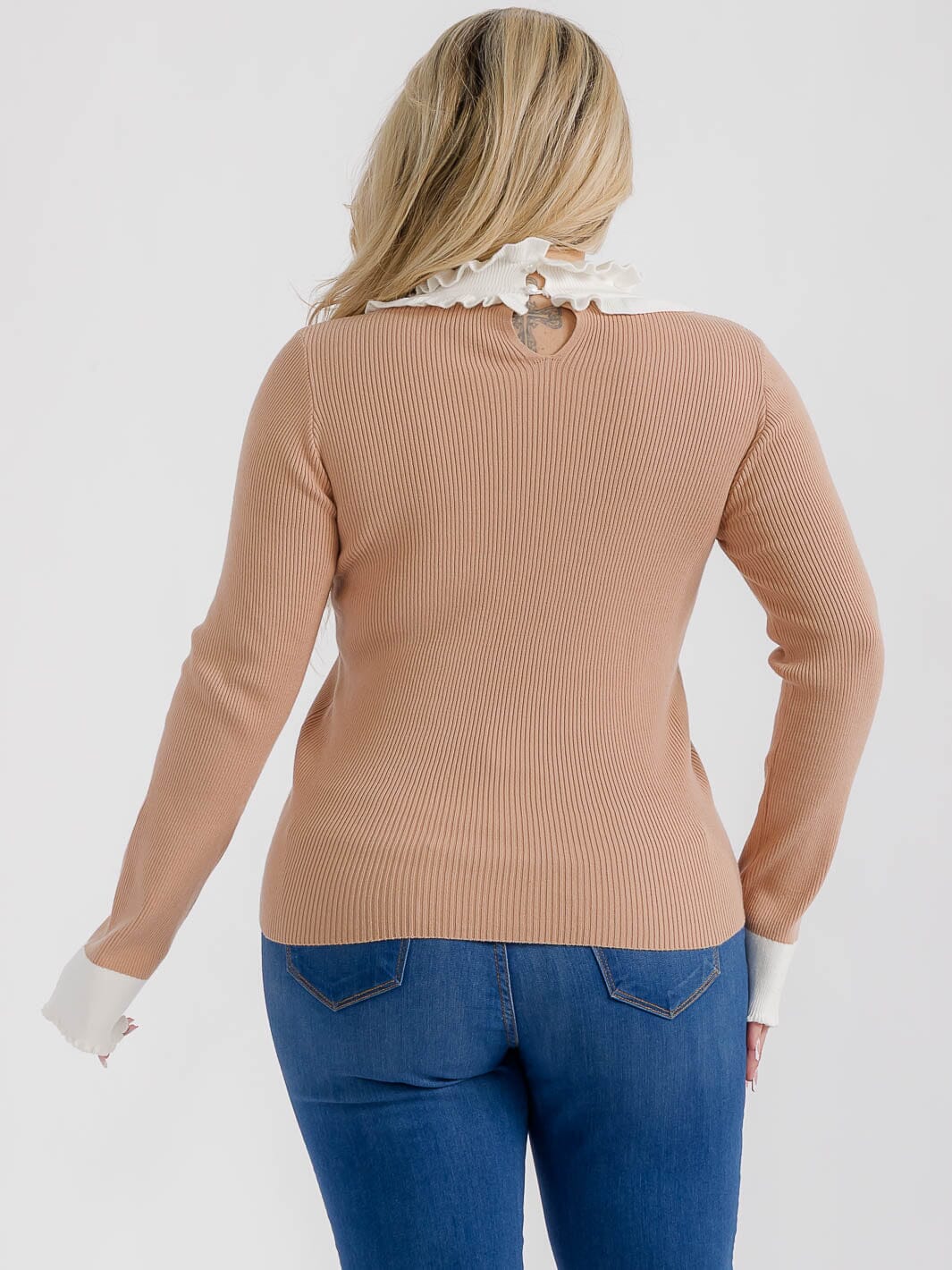 PLUS SIZE LONG SLEEVES RUFFLE COLLAR DETAILED RIBBED TOP