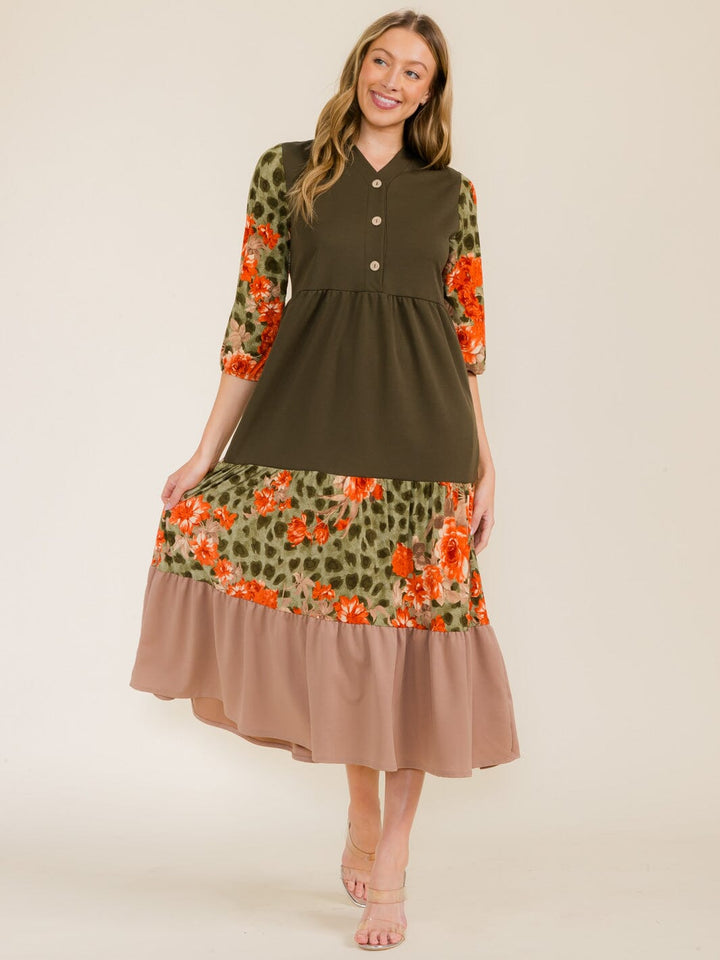 WOMEN'S 3/4 SLEEVE FRONT POCKETS ANIMAL PRINT COLORBLOCK MAXI DRESS