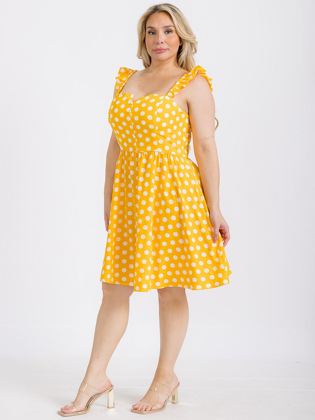PLUS SIZE SLEEVELESS BUTTON UP POLKA DOTS FIT & FLARE MINI DRESS