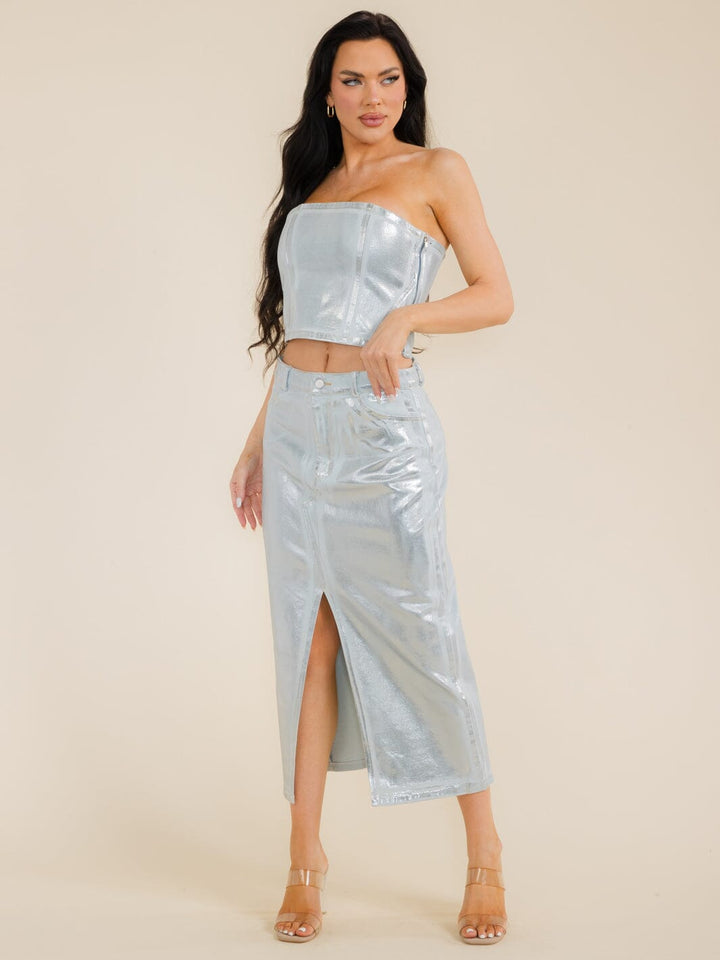 WOMEN'S CROP TOP & MAXI SKIRT SHIMMER DENIM 2PC. SET