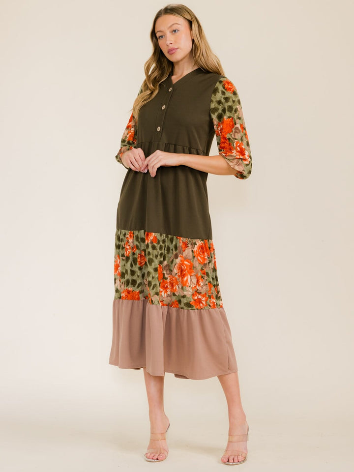 WOMEN'S 3/4 SLEEVE FRONT POCKETS ANIMAL PRINT COLORBLOCK MAXI DRESS