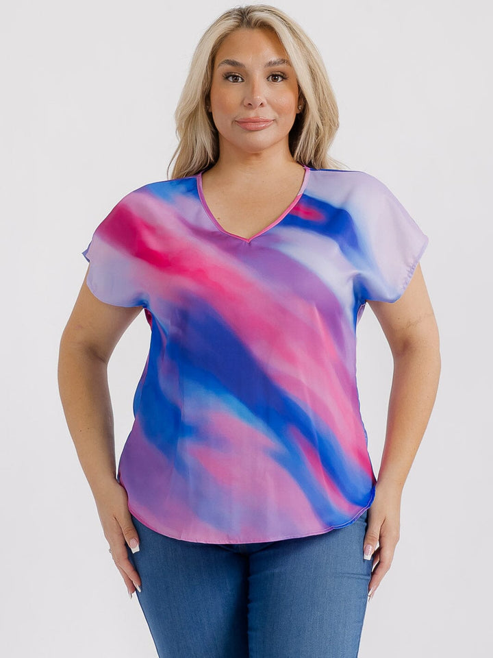 PLUS SIZE SHORT SLEEVES V-NECK TIE DYE PRINT BLOUSE