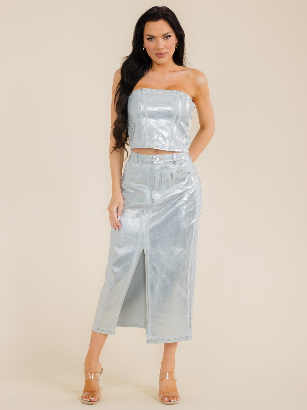 WOMEN'S CROP TOP & MAXI SKIRT SHIMMER DENIM 2PC. SET