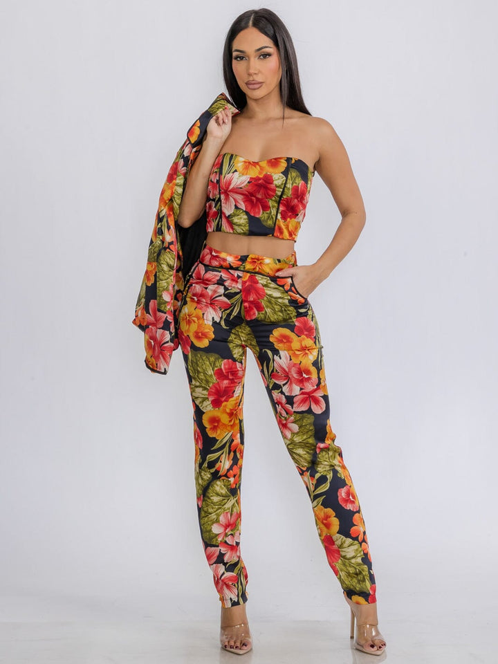 WOMEN'S CROP TOP WITH BLAZER & PANTS FLORAL 3PC. SET