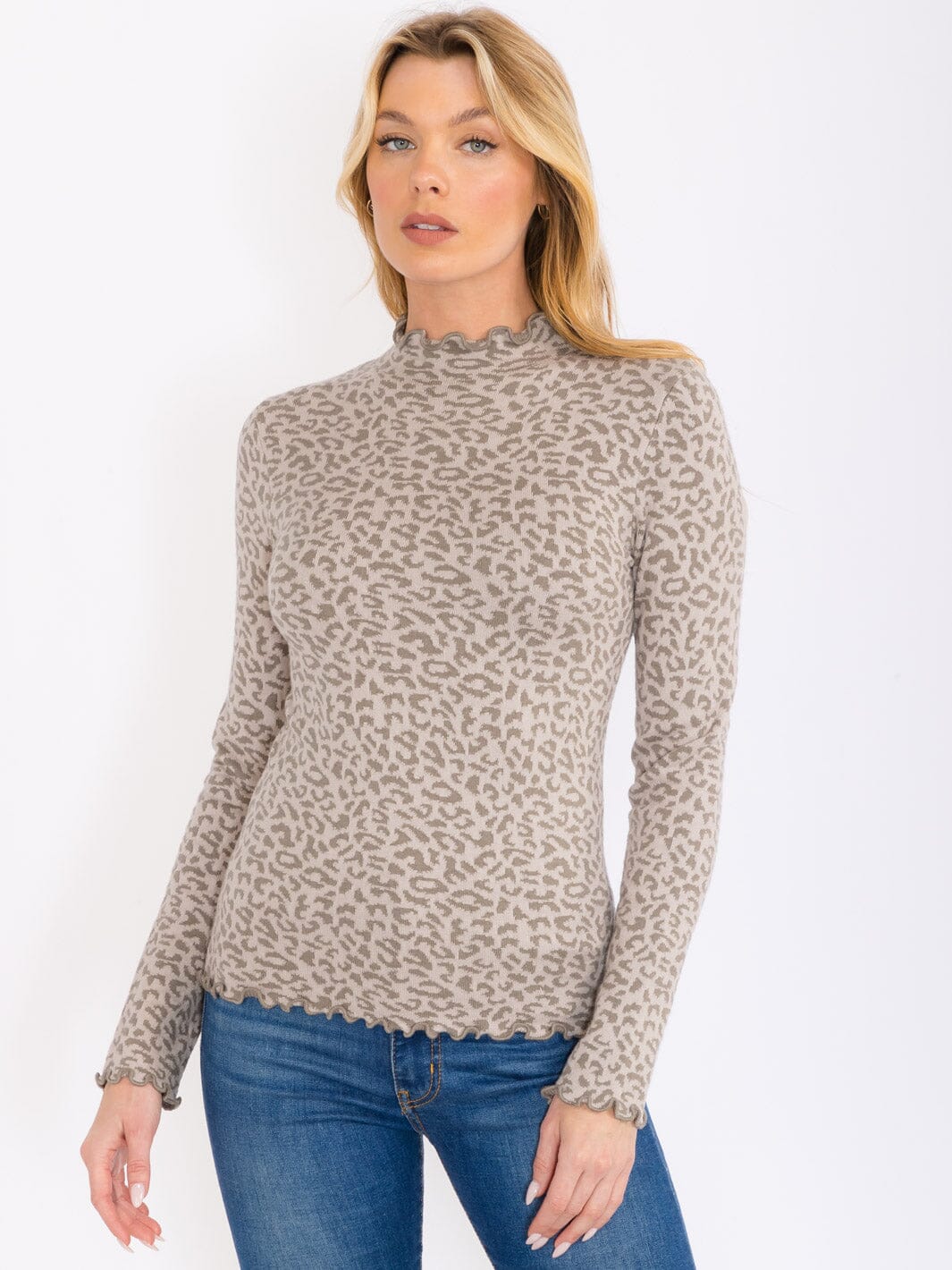 WOMEN'S LONG SLEEVES MOCH NECK ANIMAL PRINT TOP