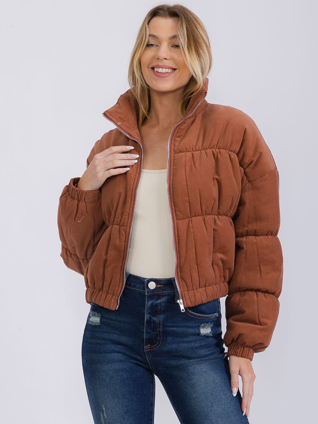 WOMEN'S LONG SLEEVE ZIP UP FRONT POCKETS PUFFER JACKET