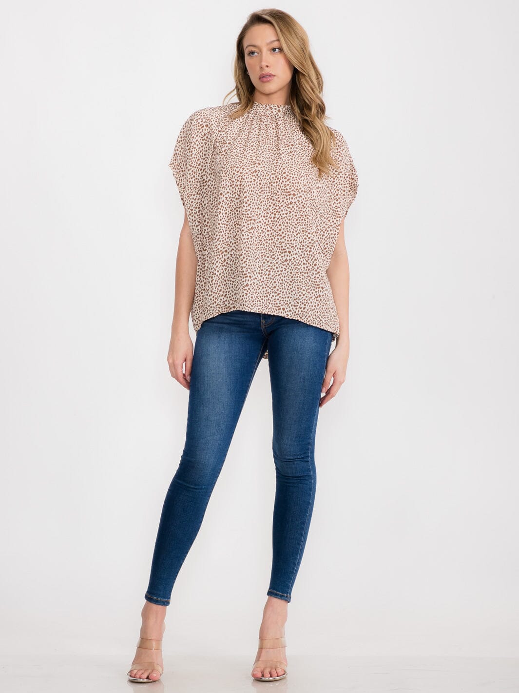 WOMEN'S SHORT SLEEVE MOCK NECK ANIMAL PRINT BLOUSE