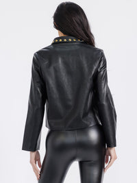 WOMEN'S LONG SLEEVE BUTTON CLOSURE FRONT POCKETS PU PLEATHER STUDS JACKET