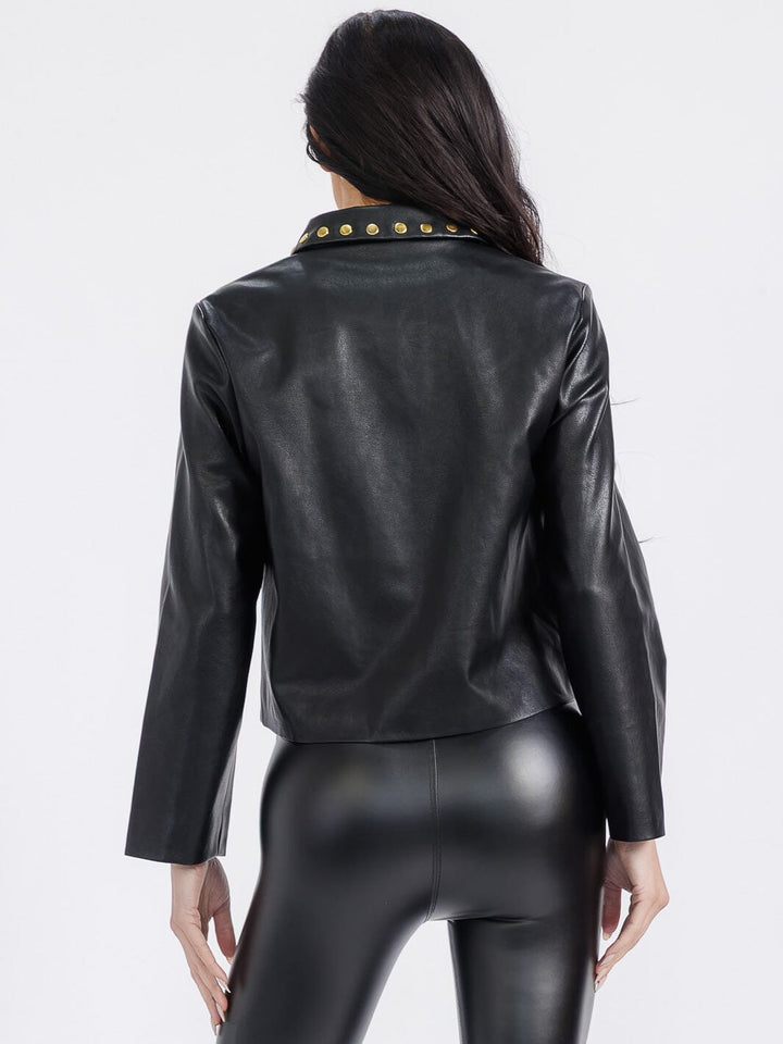 WOMEN'S LONG SLEEVE BUTTON CLOSURE FRONT POCKETS PU PLEATHER STUDS JACKET