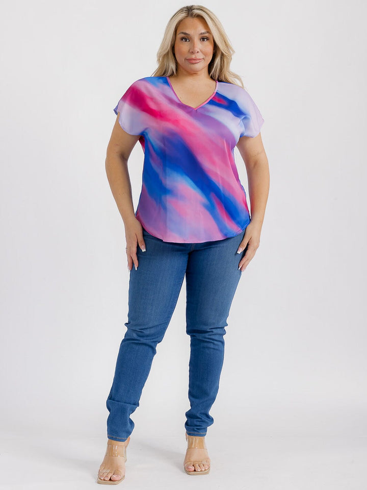 PLUS SIZE SHORT SLEEVES V-NECK TIE DYE PRINT BLOUSE