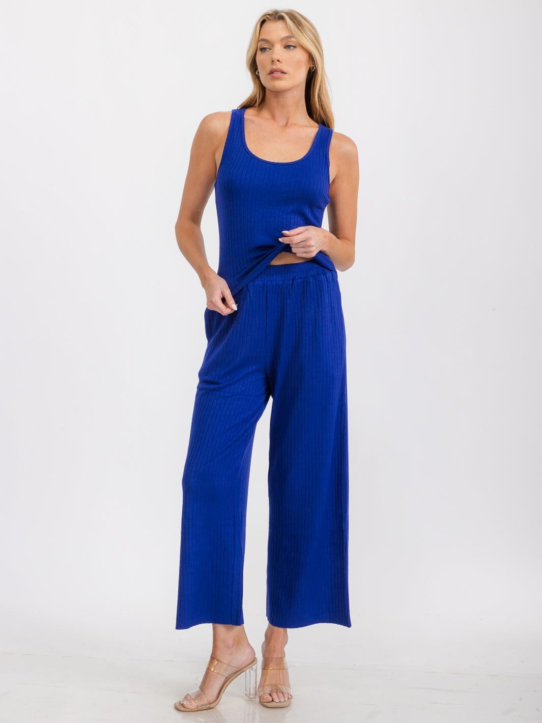 WOMEN'S SLEEVELESS TANK TOP & ELASTIC WAIST PANTS RIBBED 2PC SET