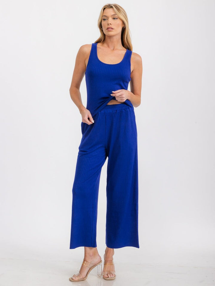 WOMEN'S SLEEVELESS TANK TOP & ELASTIC WAIST PANTS RIBBED 2PC SET