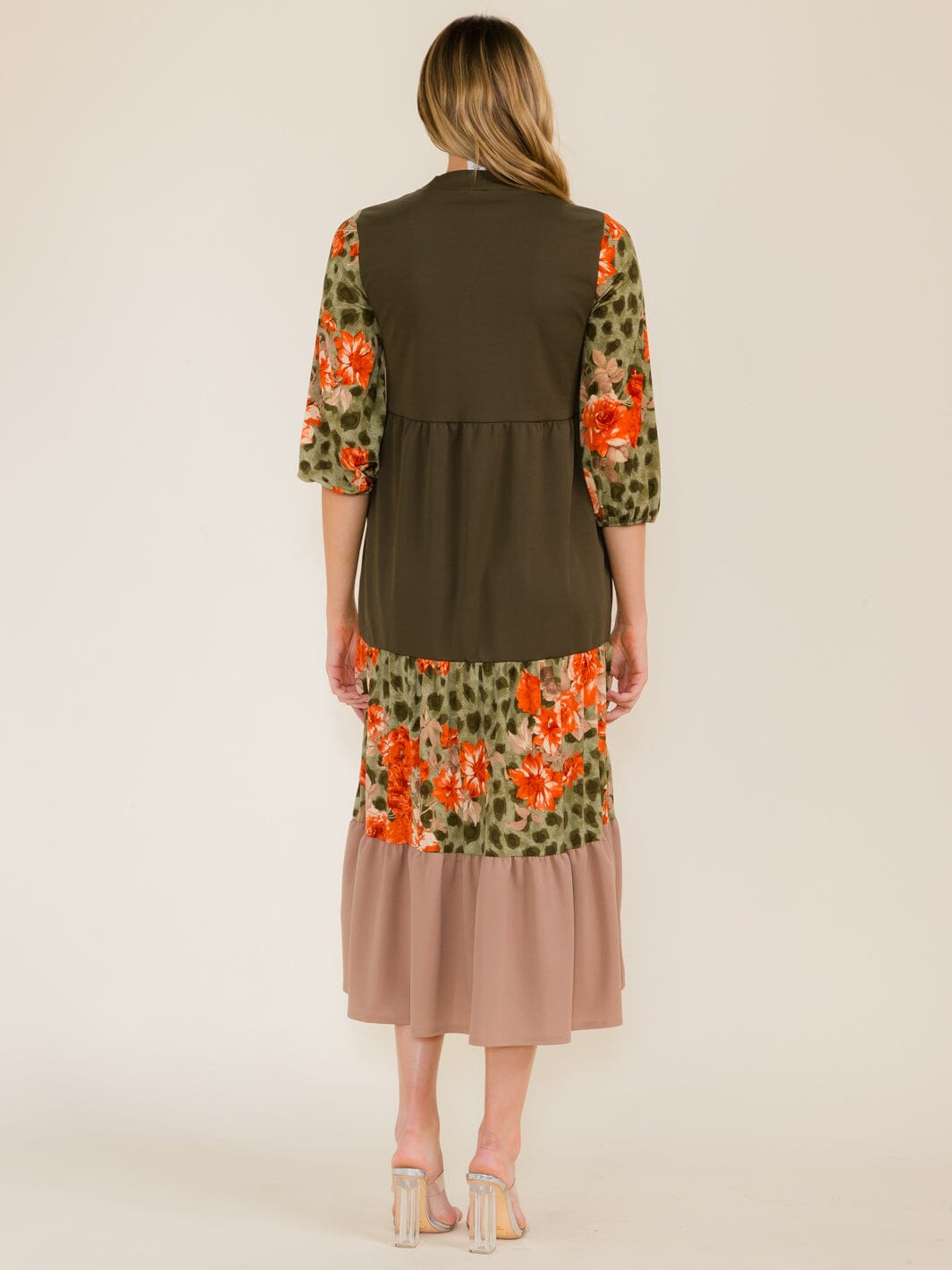 WOMEN'S 3/4 SLEEVE FRONT POCKETS ANIMAL PRINT COLORBLOCK MAXI DRESS