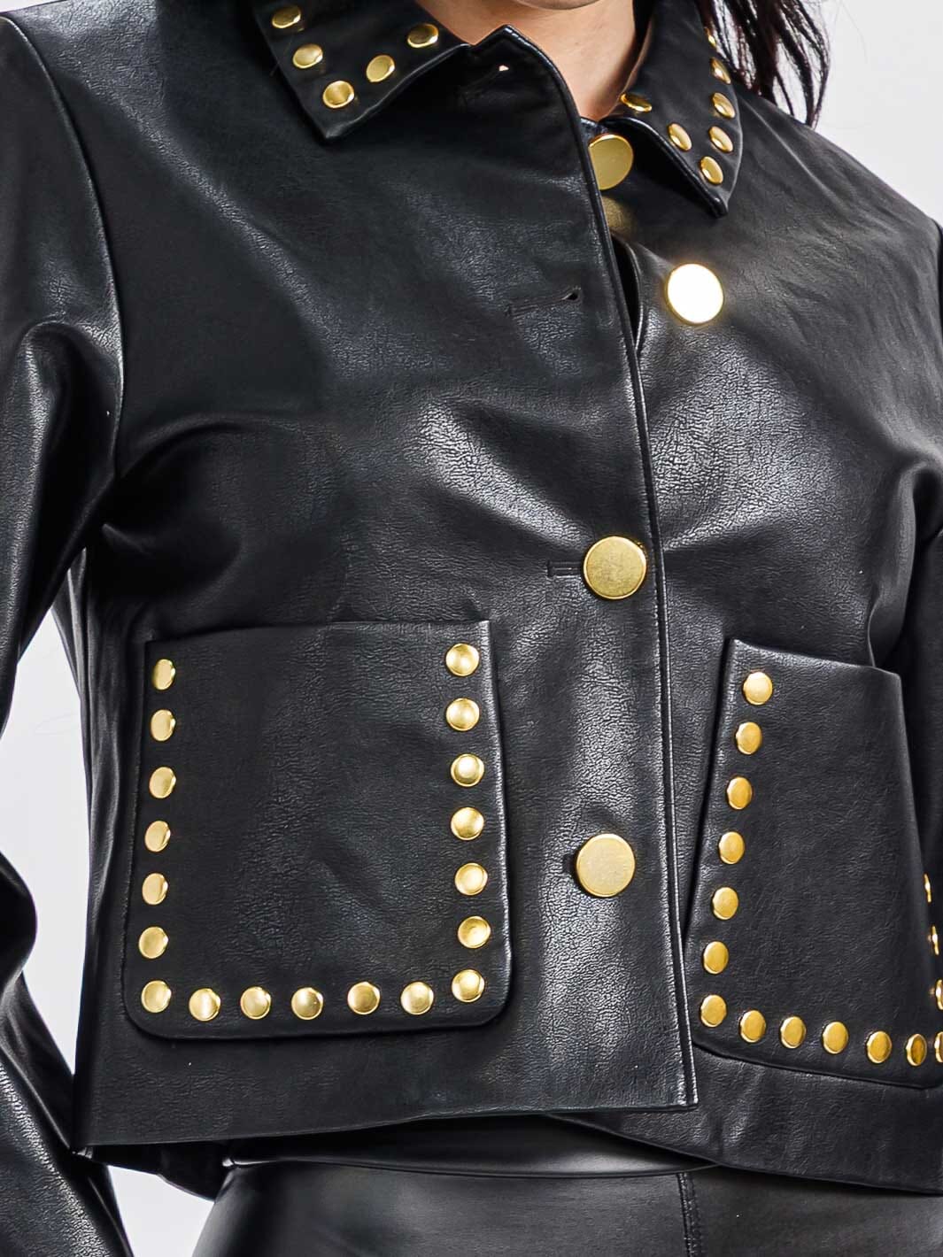 WOMEN'S LONG SLEEVE BUTTON CLOSURE FRONT POCKETS PU PLEATHER STUDS JACKET