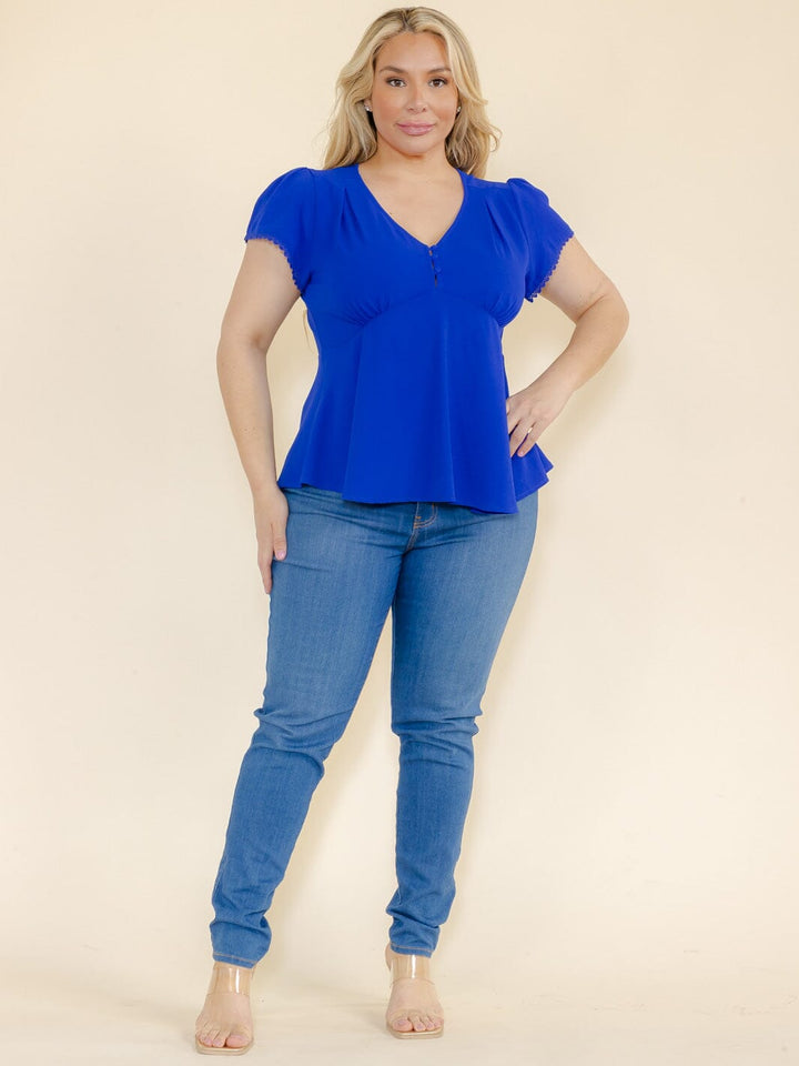 PLUS SIZE SHORT SLEEVE V-NECK BUTTON CLOSURE BLOUSE