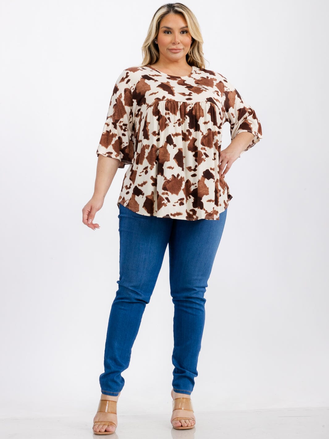 PLUS SIZE SHORT SLEEVE TUNIC ANIMAL PRINT COLORBLOCK TOP
