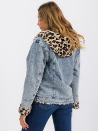 WOMEN'S LONG SLEEVE BUTTON UP FRONT POCKET ANIMAL FUR HOODED DENIM JACKET