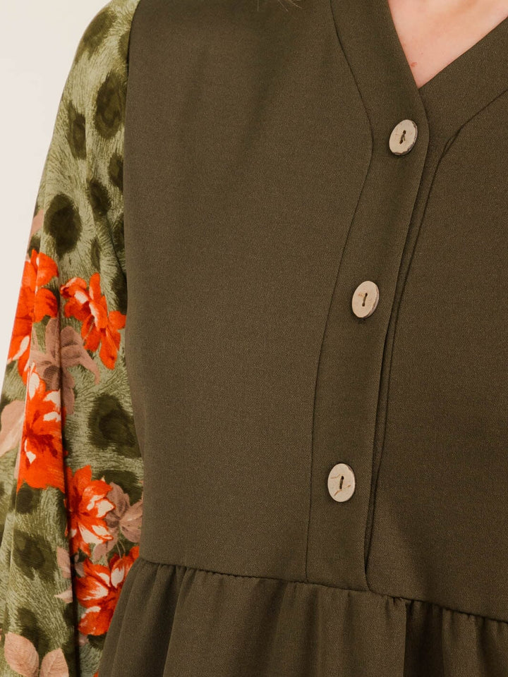 WOMEN'S 3/4 SLEEVE FRONT POCKETS ANIMAL PRINT COLORBLOCK MAXI DRESS