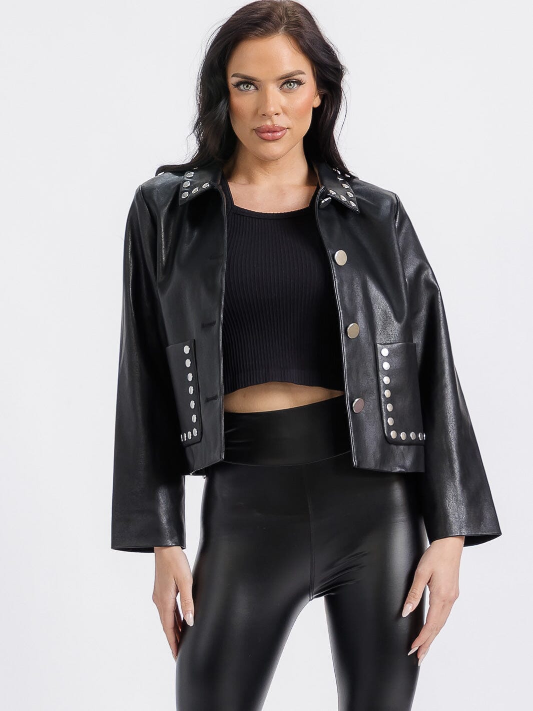 WOMEN'S LONG SLEEVE BUTTON CLOSURE FRONT POCKETS PU PLEATHER STUDS JACKET