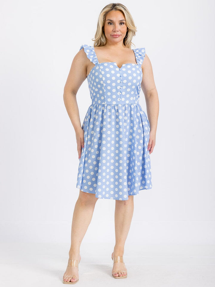 PLUS SIZE SLEEVELESS BUTTON UP POLKA DOTS FIT & FLARE MINI DRESS