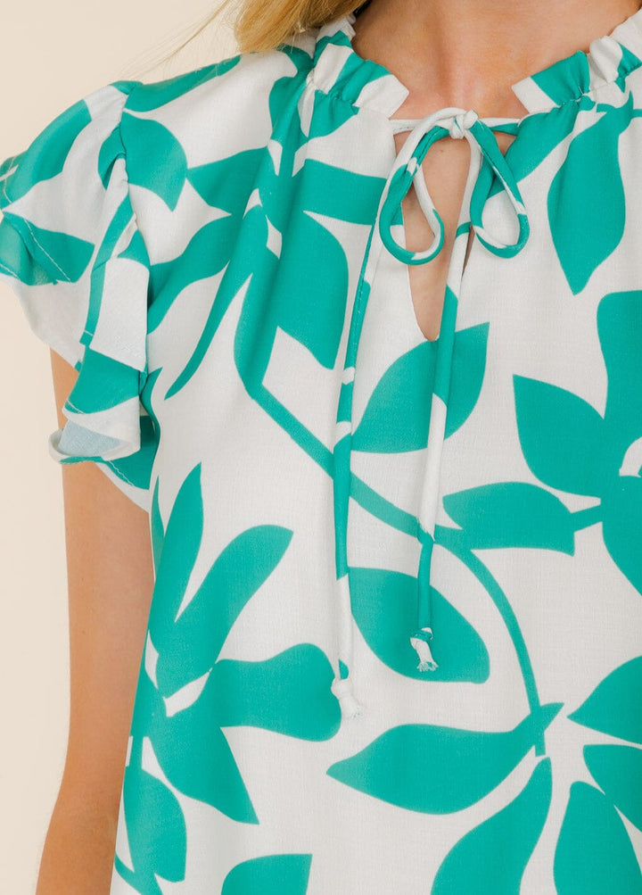 WOMEN'S RUFFLE SLEEVE V-NECK LEAF PRINT COLORBLOCK TUNIC MINI DRESS