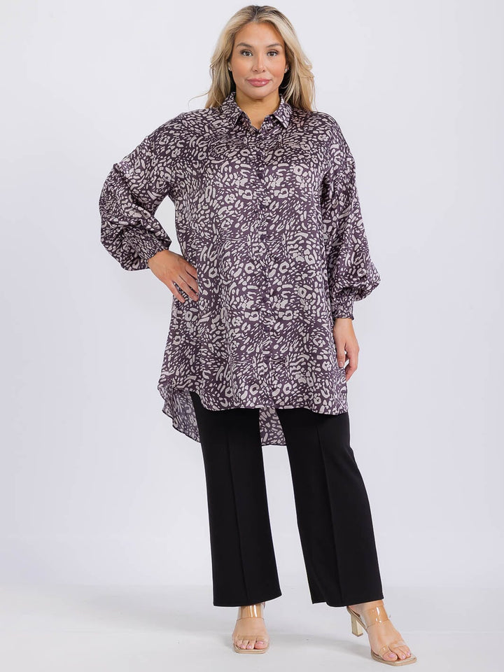 PLUS SIZE LONG SLEEVE BUTTON UP HIGH-LOW ANIMAL PRINT TUNIC MINI DRESS