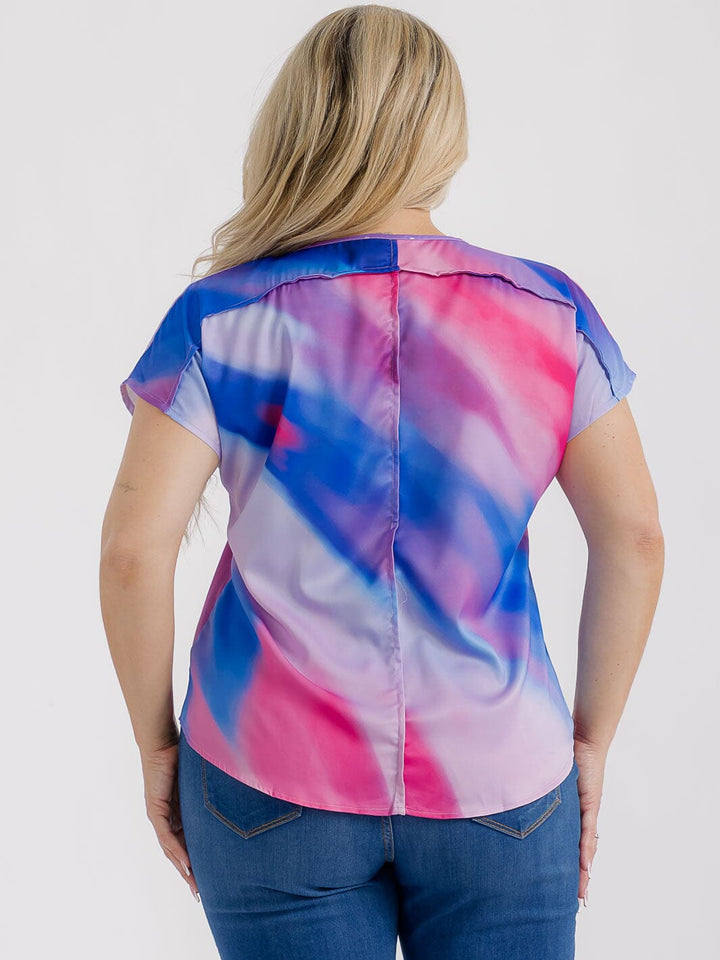 PLUS SIZE SHORT SLEEVES V-NECK TIE DYE PRINT BLOUSE
