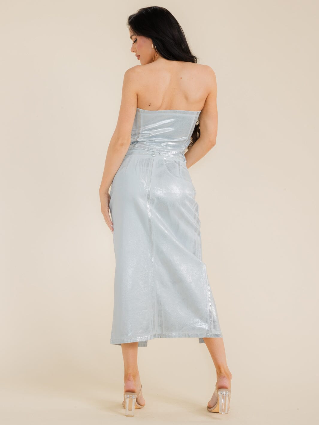 WOMEN'S CROP TOP & MAXI SKIRT SHIMMER DENIM 2PC. SET