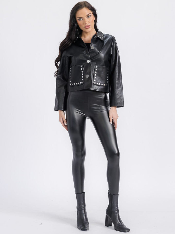 WOMEN'S LONG SLEEVE BUTTON CLOSURE FRONT POCKETS PU PLEATHER STUDS JACKET