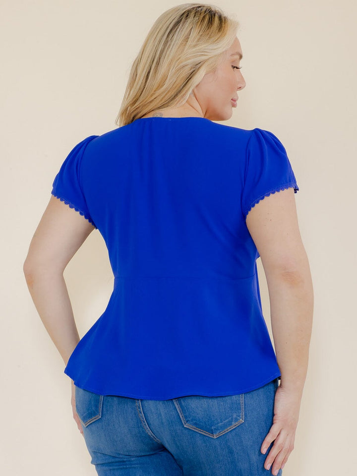 PLUS SIZE SHORT SLEEVE V-NECK BUTTON CLOSURE BLOUSE