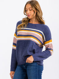 WOMEN'S LONG SLEEVE STRIPES COLORBLOCK PULLOVER SWEATER