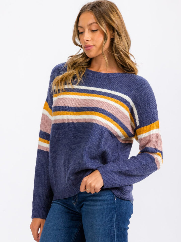 WOMEN'S LONG SLEEVE STRIPES COLORBLOCK PULLOVER SWEATER