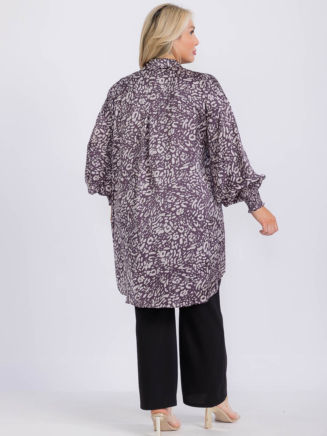 PLUS SIZE LONG SLEEVE BUTTON UP HIGH-LOW ANIMAL PRINT TUNIC MINI DRESS