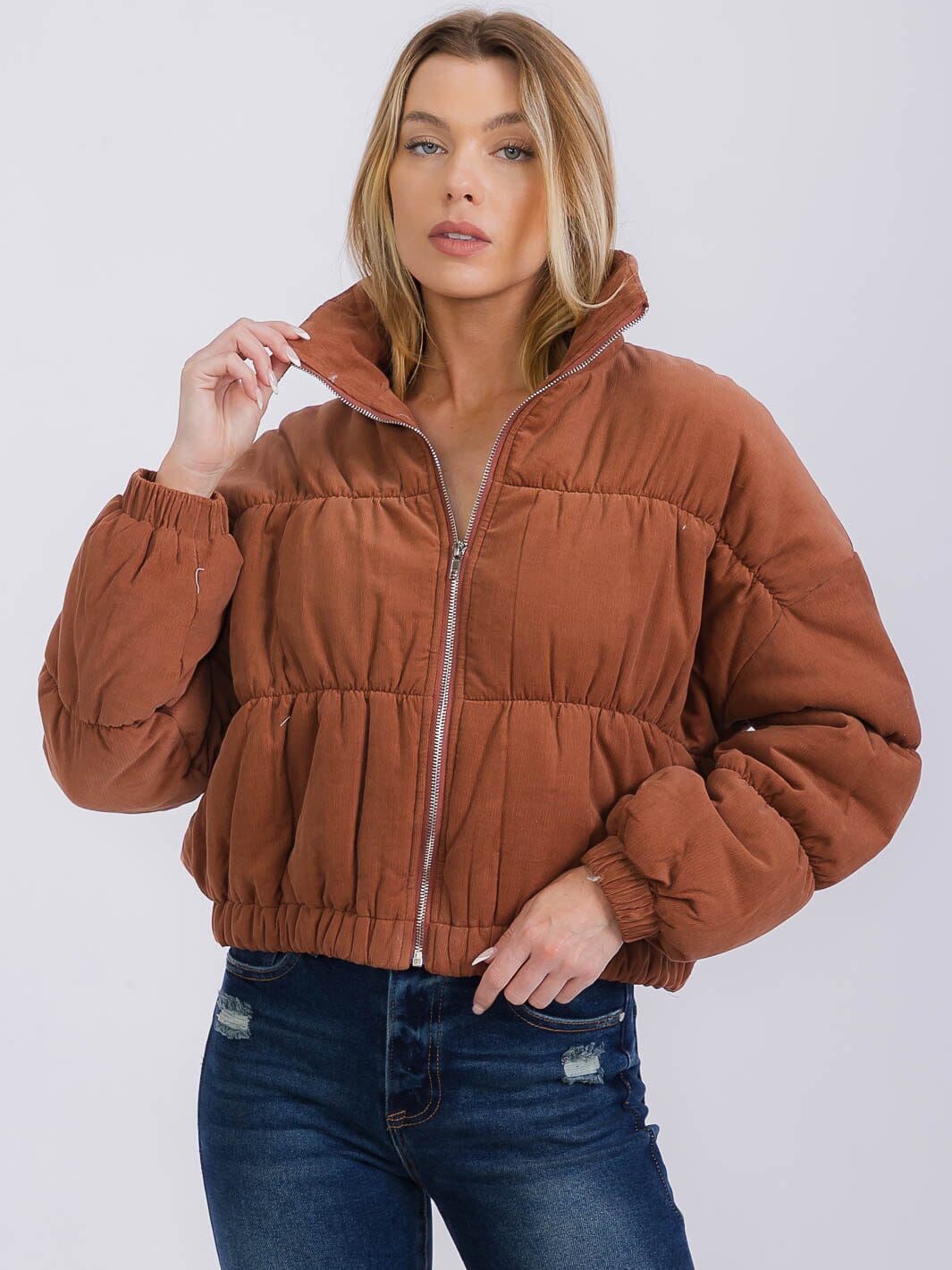 WOMEN'S LONG SLEEVE ZIP UP FRONT POCKETS PUFFER JACKET