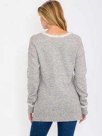 WOMEN'S LONG SLEEVES V-NECK PULLOVER TRIM DETAILED SWEATER