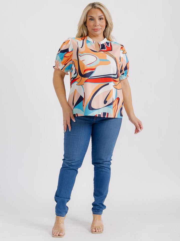 PLUS SIZE SHORT SLEEVES V-NECK MULTI PRINT BLOUSE