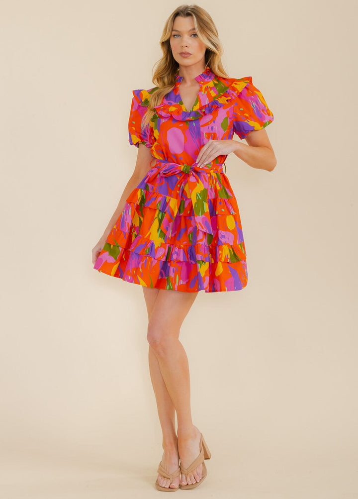 WOMEN'S SHORT SLEEVE V-NECK MULTI PRINT SELF TIE MINI DRESS