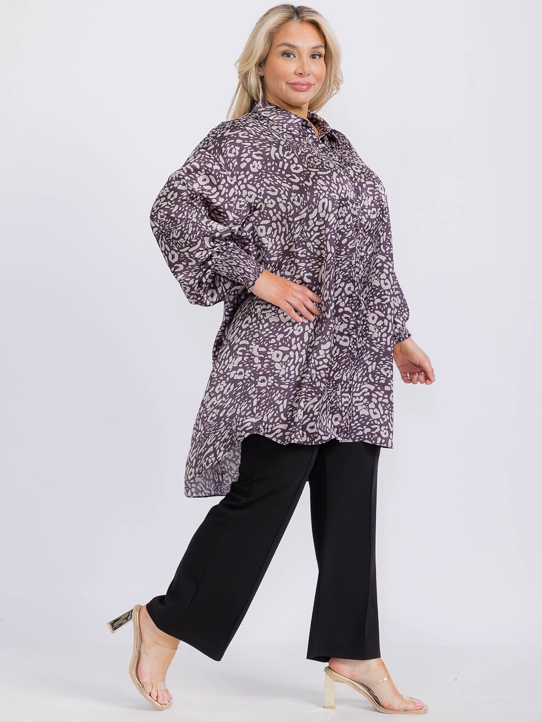 PLUS SIZE LONG SLEEVE BUTTON UP HIGH-LOW ANIMAL PRINT TUNIC MINI DRESS