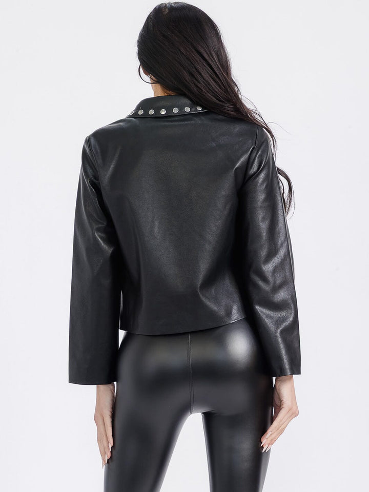 WOMEN'S LONG SLEEVE BUTTON CLOSURE FRONT POCKETS PU PLEATHER STUDS JACKET