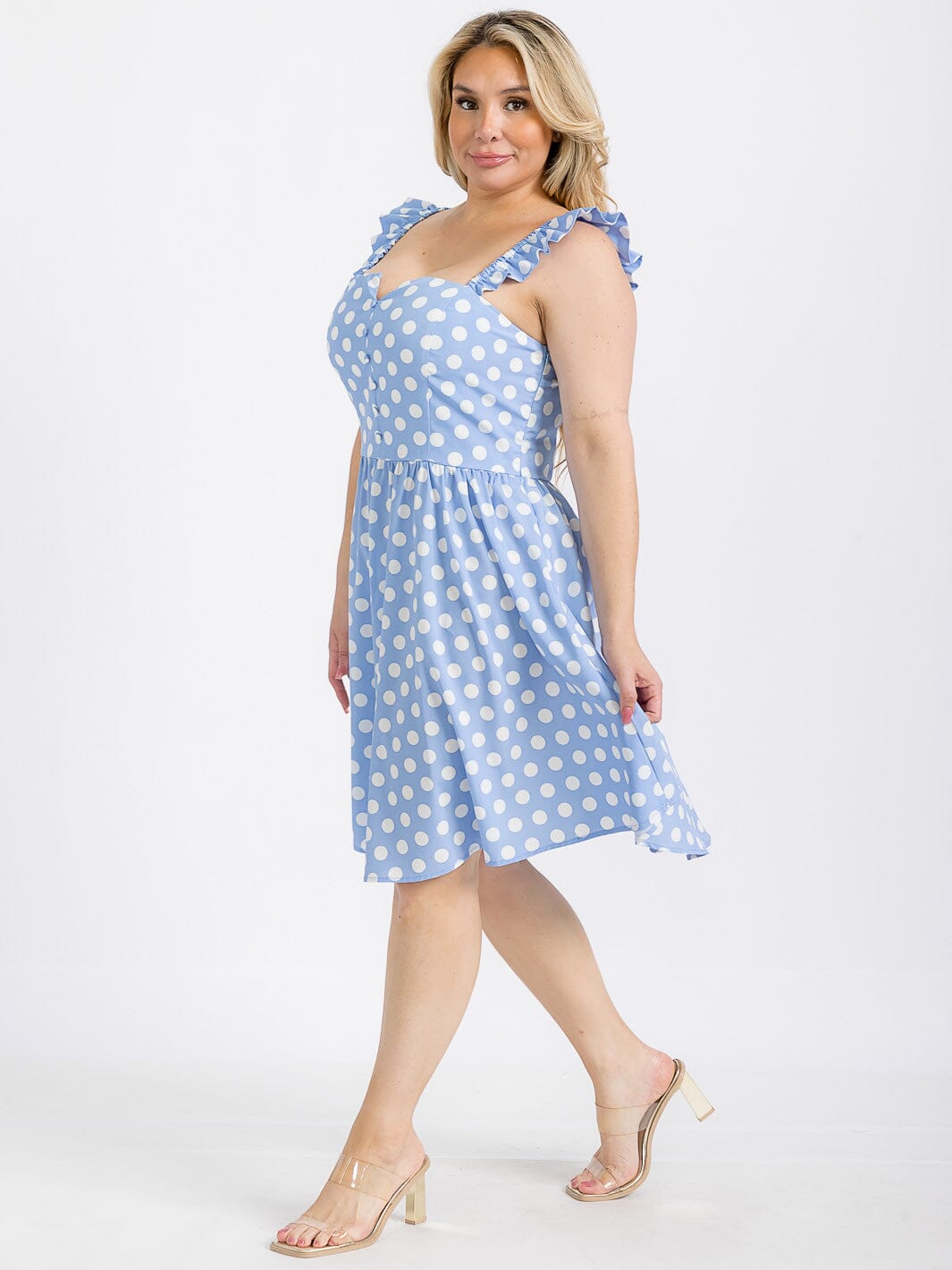 PLUS SIZE SLEEVELESS BUTTON UP POLKA DOTS FIT & FLARE MINI DRESS