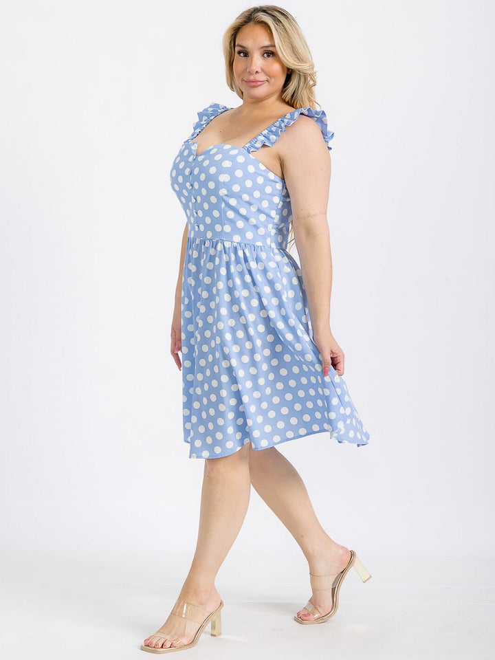 PLUS SIZE SLEEVELESS BUTTON UP POLKA DOTS FIT & FLARE MINI DRESS