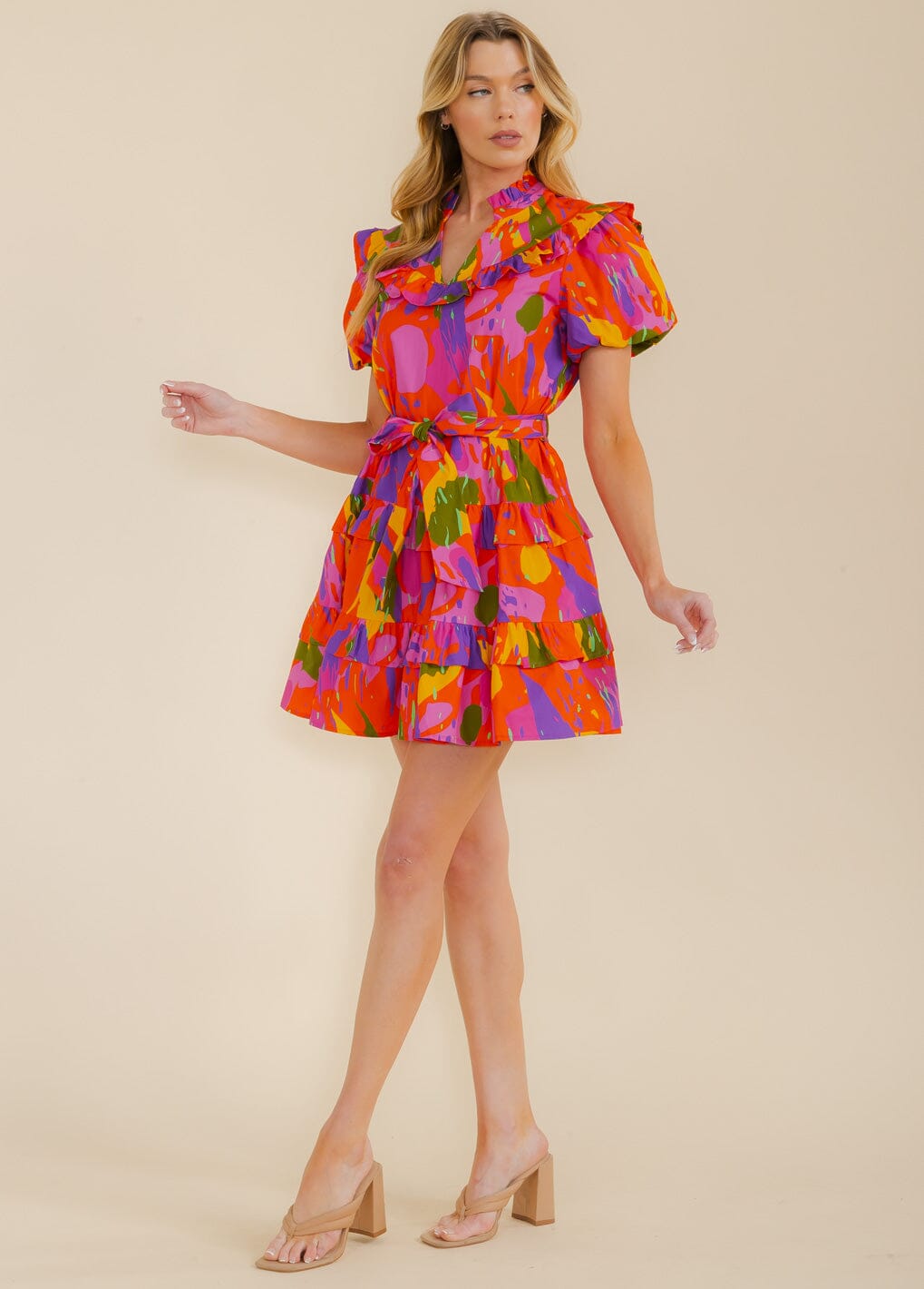 WOMEN'S SHORT SLEEVE V-NECK MULTI PRINT SELF TIE MINI DRESS