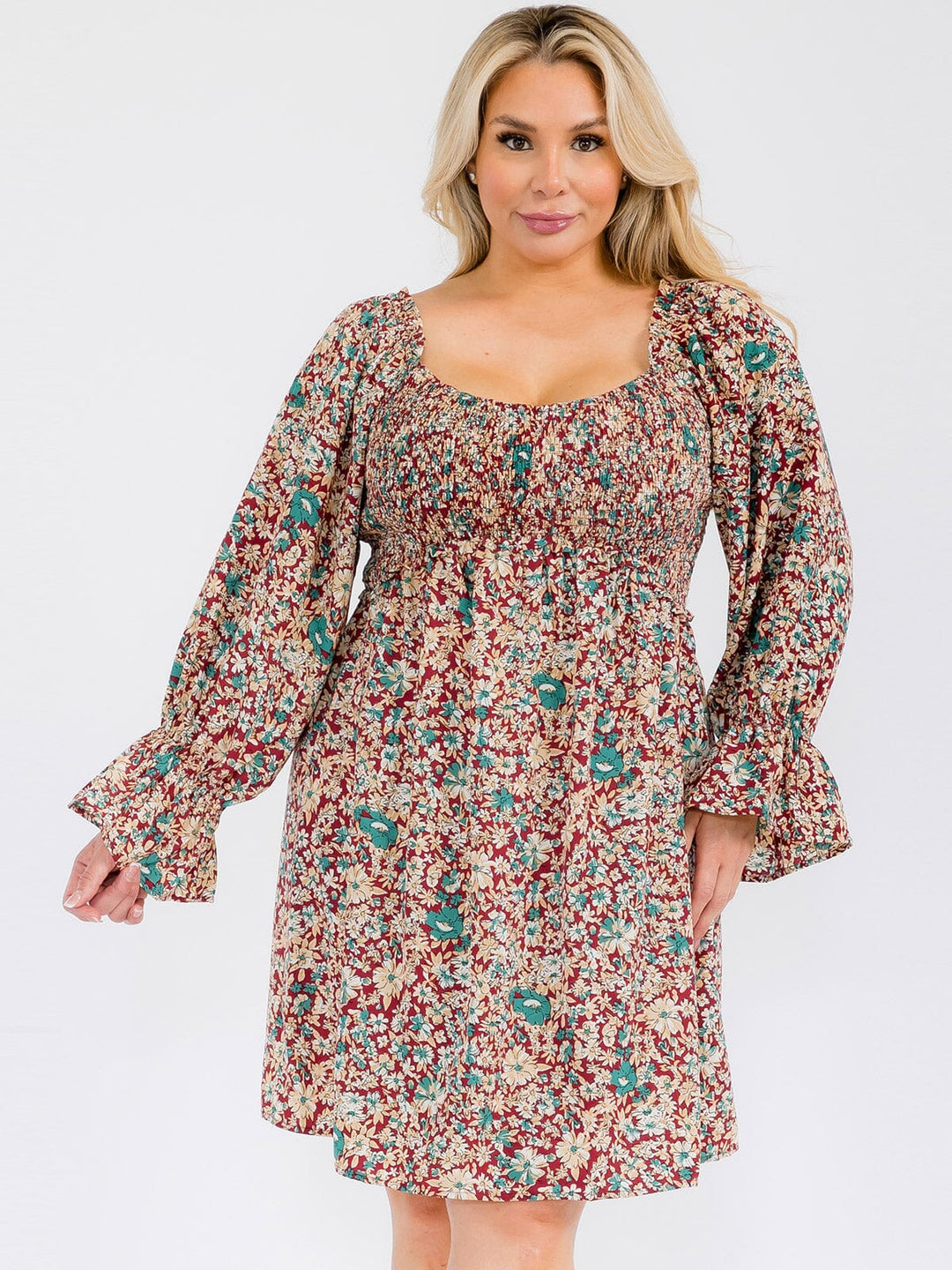PLUS SIZE LONG SLEEVE SMOCK TUNIC FLORAL MINI DRESS