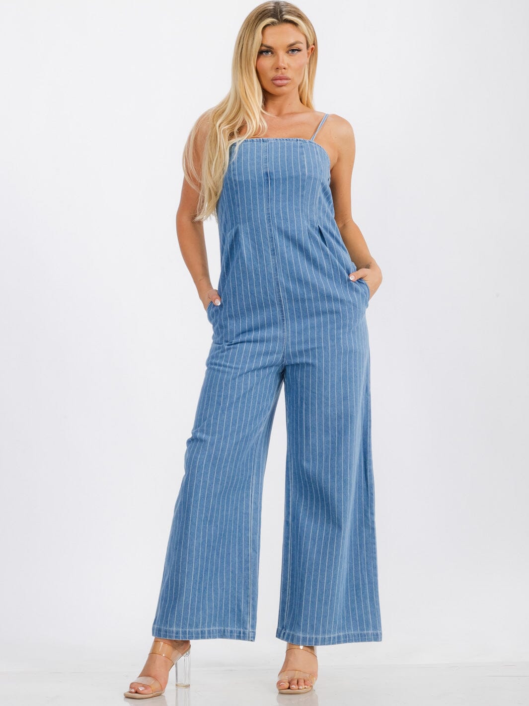 WOMENS' SLEEVELESS FRONT POCKETS STRIPES WIDE LEG DENIM JUMPSUIT