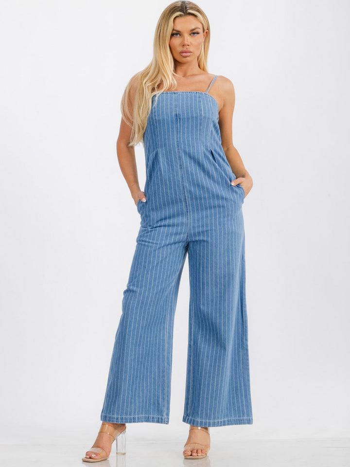 WOMENS' SLEEVELESS FRONT POCKETS STRIPES WIDE LEG DENIM JUMPSUIT