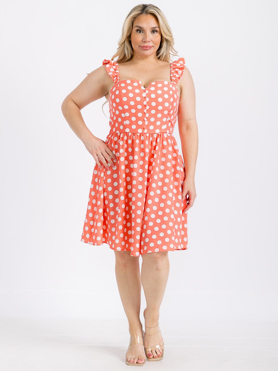 PLUS SIZE SLEEVELESS BUTTON UP POLKA DOTS FIT & FLARE MINI DRESS