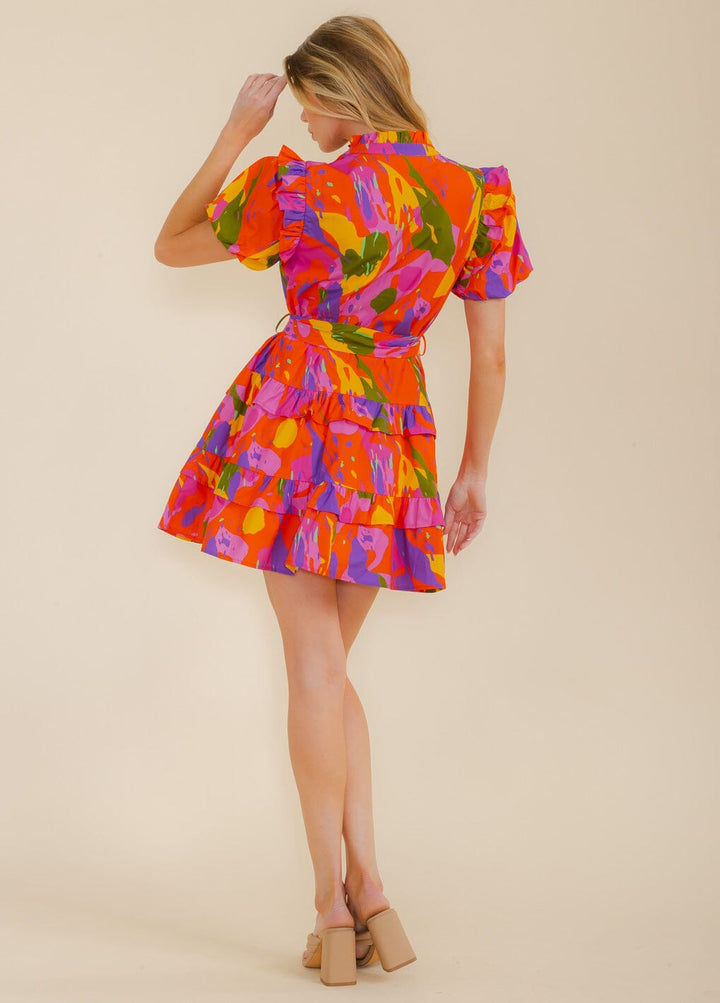 WOMEN'S SHORT SLEEVE V-NECK MULTI PRINT SELF TIE MINI DRESS