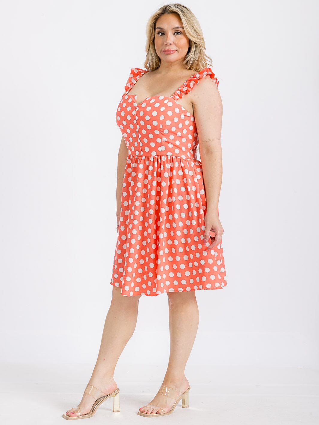 PLUS SIZE SLEEVELESS BUTTON UP POLKA DOTS FIT & FLARE MINI DRESS