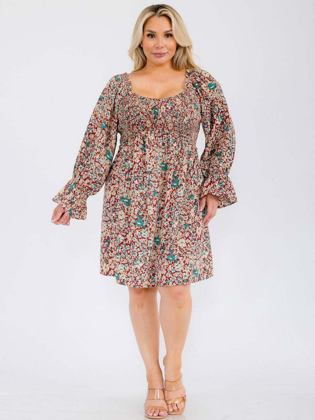 PLUS SIZE LONG SLEEVE SMOCK TUNIC FLORAL MINI DRESS